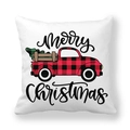 Detail van perzikhuid kussensloop met ruitjeswagen en kerstboomontwerp op een witte basis - Buffalo Plaid Vrachtwagen (2)