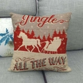Detail of linen Christmas pillowcase with red sleigh print and Jingle All The Way text - 45x45cm / Santa Sleigh & Carriage Pattern (2)