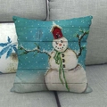 Detail of linen Christmas pillowcase showing hand-painted snowman and rustic fabric texture - 45x45cm / Scarf Snowman & Red Birdhouse Style (10)