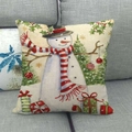 Close-up of linen pillowcase texture featuring snowman and Christmas tree illustrations - 45x45cm / Striped Scarf Snowman & Xmas Tree Style (16)