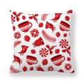 Detail van de kerstkussensloop met rode feestpatronen op witte perzikhuid polyester stof - Witte Achtergrond Rode Print Koffiekopje (3)