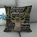 Christmas reindeer horn linen pillow case with holiday words on a grey sofa - Black Wood Grain Antlers Festive Words (11)