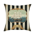 Square linen cushion cover with black white stripes and vintage sailboat design - Black White Striped Sailboat (1)