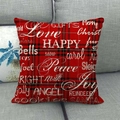Close-up of red plaid Christmas pillowcase with holiday greetings on a gray sofa - Red Plaid Texture Festive Words (13)