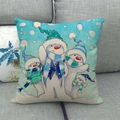 Linen Christmas pillow cover with four snowmen in blue and mint green scarves - Hand-painted Four Snowmen Winter Style (18)