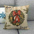 Linen Christmas pillow case with green wreath and Merry Bright text on a sofa - 45x45cm / Merry & Bright Wreath Style (3)