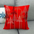 Macro view of red linen pillowcase featuring abstract Christmas tree prints on a sofa - Pure Red Abstract Line Forest Style (7)