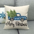 Close-up of linen Christmas pillow cover featuring a vintage blue truck design and Merry Christmas text - Blue Retro Truck Christmas Greetings(5)