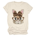 Detail van pluizige konijnenprint met luipaardbril en strik op beige t-shirt - S / Zandkleur