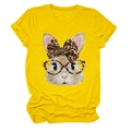 Detailansicht gelbes T-Shirt mit Hasenmotiv, Leoparden-Schleife und Brille für Damen - S / Gelb