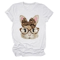 Nahaufnahme eines weißen Baumwoll-T-Shirts mit süßem Hasen, Leoparden-Schleife und Brille - S / Weiß