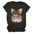 Dunkelgraues Damen T-Shirt mit Hasen-Grafik, Leopardenmuster Brille und Schleife - S / Schwarzgrau Meliert