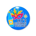 Sky blue carnival tinplate badge featuring Let's Celebrate Together text and mask - 58mm / New Year Blue Style 2