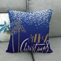 Detail of navy linen Christmas pillow cover with gold trees and Merry Christmas text - Deep Blue Splash Snowflake Forest Style (15)