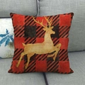 Linen Christmas reindeer pillow cover with red buffalo plaid pattern on a grey sofa - 18x18 Inch / Red Black Plaid Gold Elk (1)