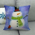 Linen Christmas pillow case with snowman and robin illustration on gray sofa - Purple Snowman Robin
