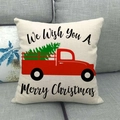Close-up of linen Christmas pillowcase with red truck and tree on a grey sofa - 45cmx45cm / We Wish You Merry Christmas Style (10)