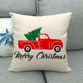 Detail of linen Christmas pillowcase featuring a red vintage truck and Merry Christmas print - 45cmx45cm / Script Merry Christmas Red Truck Style (12)