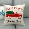 Detail of linen pillowcase featuring a red vintage Christmas truck and farm fresh tree print - 45cmx45cm / Retro Red Truck Farm Fresh Text Style (14)