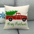 Detail of red Christmas truck print and Merry Christmas text on linen pillow cover - 45cmx45cm / Green Script Merry Christmas Red Truck Style (15)