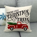 Detail of red vintage truck and Christmas tree print on textured linen pillowcase - 45cmx45cm / Retro Red Truck Fresh Cut Text Style (16)