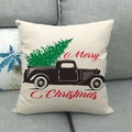 Housse de coussin en lin de Noël avec camion noir vintage et texte Merry Christmas - Style de Camion Rouge Joyeux Noël (2)