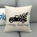 Housse de coussin en lin Noël avec camion noir vintage et texte Merry Christmas - Style Silhouette Camion Noir Arbre de Noël (3)