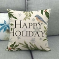 Linen Christmas pillow cover with Happy Holiday print and red berry bird motif - 45x45cm / Happy Holiday Holly & Bird Style (8)