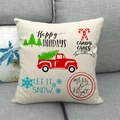 Christmas red truck linen pillow cover with festive tree and snowflake on a sofa - 45cmx45cm / Happy Holidays Snowflake Style (5)