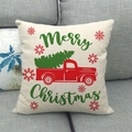 Linen Christmas pillowcase featuring a classic red truck and Merry Christmas text on a sofa - 45cmx45cm / Classic Red Car Merry Christmas Style (8)