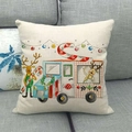 Close-up of textured linen pillowcase with colorful Christmas bus and reindeer print - Christmas Bus and Reindeer Style (5)