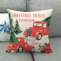 Detailed texture of linen Christmas pillowcase featuring vintage red truck and tree prints - Double Trucks and Floral Style (8)