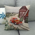 Detailed texture of linen pillowcase featuring a vintage red truck in a snowy scene - Red Pickup Style (18)