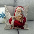 Funda de cojín navideña de lino con estampado de Papá Noel vintage y cachorro de perro - Papá Noel con Cachorro Golden (8)