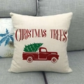 Weihnachtlicher Kissenbezug aus Leinen mit rotem LKW und Baum auf grauem Sofa - 45cmx45cm / Retro LKW Christmas Trees Stil (2)