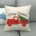 Leinen-Weihnachtskissenbezug mit rotem Oldtimer-LKW und Baum auf grauem Sofa - 45cmx45cm / Handschriftlicher Merry Christmas Stil (3)