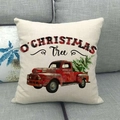 Linen Christmas pillowcase featuring vintage red truck and tree on a gray sofa - Red Truck With Christmas Tree Song(9)