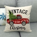 Linen Christmas pillow case featuring a red vintage truck on a grey fabric sofa - Vintage Red Truck Snowy Landscape(10)