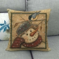 Linen Christmas pillow case with retro snowman illustration on a grey sofa - 45x45cm / Winter Retro Illustration Snowman Style (17)