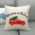 Linen Christmas pillow cover with red vintage truck pattern on gray sofa - 45cmx45cm / Christmas on the Farm Style (7)
