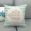 Funda de cojín náutica de lino con estampado de velero y olas azules marinas - Estilo Olas Velero (4) / 45x45cm