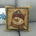 Linen Christmas pillowcase with snowman illustration and cozy festive winter design - 45x45cm / Red Hat Snowman & Resting Bird Style (18)