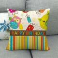 Detailed texture of linen pillowcase featuring a cartoon owl and Happy Birthday text - Pink Owl Yellow Cat Birthday Style (10)