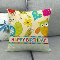 Close-up of linen cushion cover texture with Happy Birthday owl illustration - Animal Flower Mix Birthday Style (11)