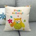 Detail of linen cushion cover with cartoon owl, flowers and Happy Birthday text - Off-White Cartoon Owl Birthday Style (14)