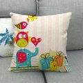 Close-up of linen pillow cover with cartoon owl and elephant print on a gray sofa - Elephant Owl Pink White Stripe Style (15)