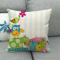 Detail of linen cushion cover with cartoon owl and hippo print on blue striped background - Blue White Vertical Stripe Animal Group Style (16)