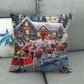 Funda de cojín navideño de lino con trineo de Papá Noel y escena de nieve invernal - Trineo de Renos de Nochebuena (22)