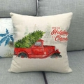 Linen Christmas pillow case with red vintage truck and tree on gray sofa - Red Truck Classic Holiday(13)