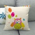 Cartoon owl linen cushion cover with pink owl and balloons on a grey fabric sofa - Pink Owl Colorful Balloons Style (19)
